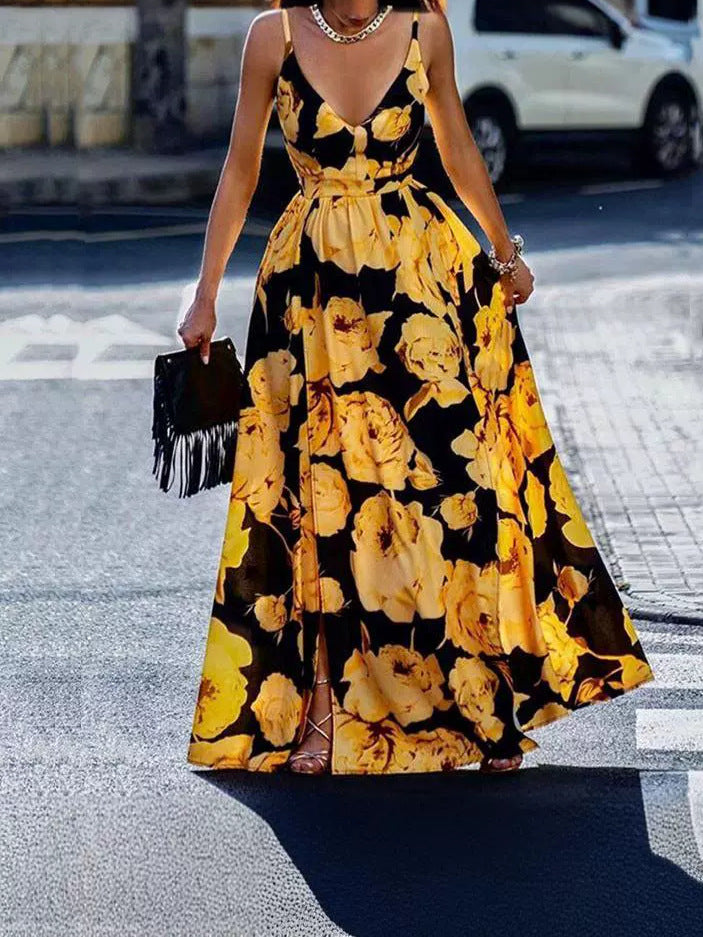 Women Fashion Casual Floral Printed V-Neck Sleeveless Split Dress