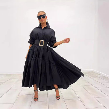 Women Solid Color Casual Loose Lapel Long Sleeve Shirt Maxi Dress