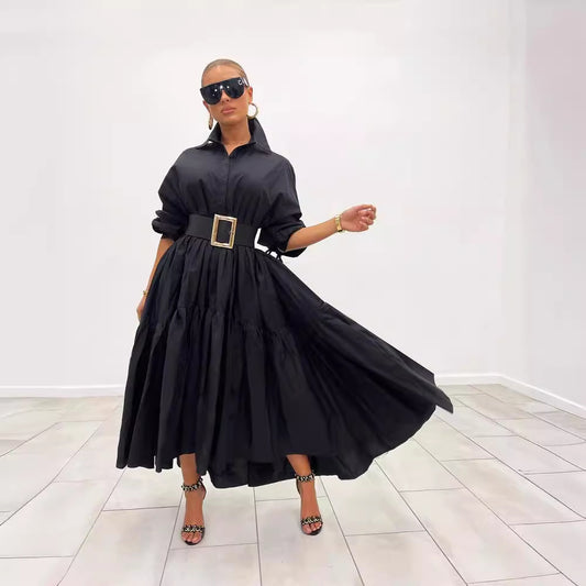 Women Solid Color Casual Loose Lapel Long Sleeve Shirt Maxi Dress