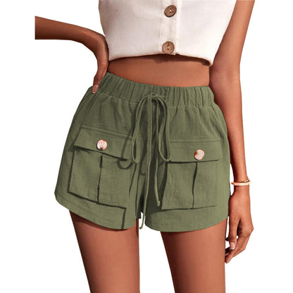 Women Summer Casual Pocket Loose Mid-Waist Drawstring Solid Color Cargo Shorts