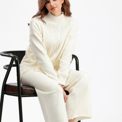Conjunto de dos piezas de suéter de cuello alto de punto de color liso informal para mujer, otoño e invierno, pantalones de pierna ancha