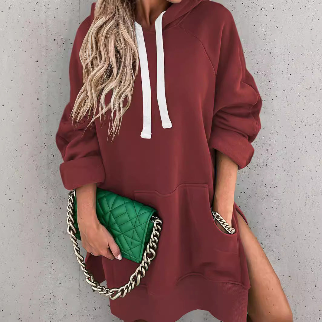 Women Fashion Casual Solid Color Loose Drawstring Split Thoodies