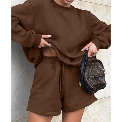 Women Fashion Casual Round Neck Sweatshirt Drawstring Shorts Two-Piece Set