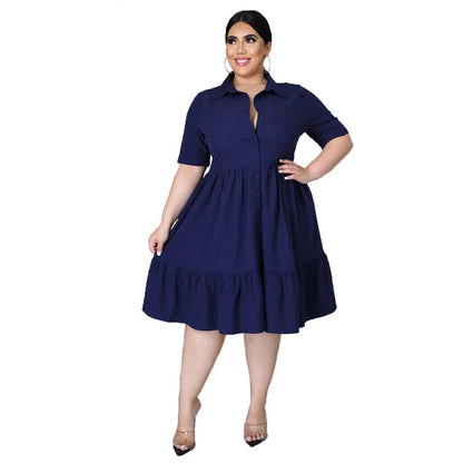 Plus Size Women Summer Casual Solid Color Short Sleeves Single-breasted Ruffled Shirt Dress