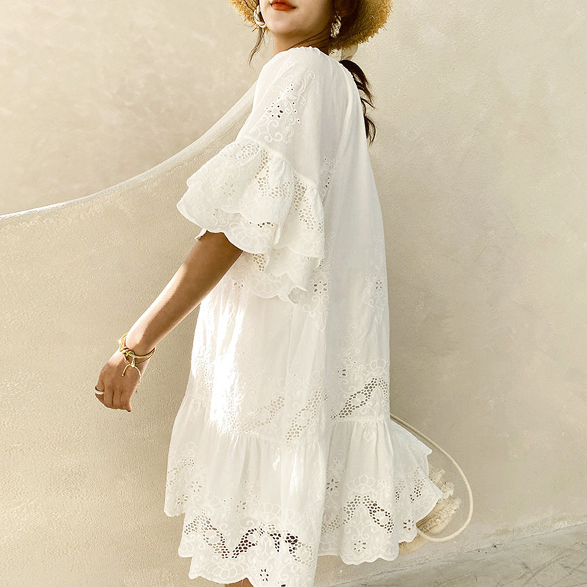 Women Casual Solid Color Hollow Cotton Loose Dress