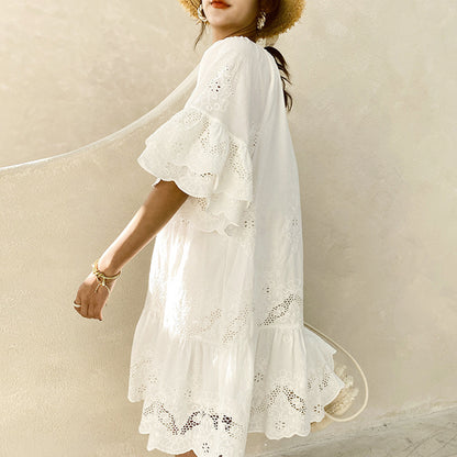 Women Casual Solid Color Hollow Cotton Loose Dress