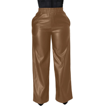Women PU Leather High Waist Casual Elastic Wide Leg Pants