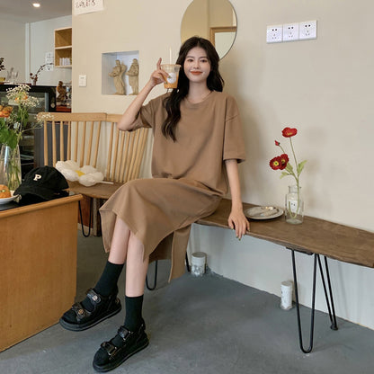 Vestido casual de manga corta de color liso para mujer