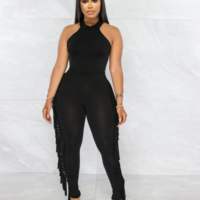 Women Tight Vest And Tassel Pants Two Pieces Casual Suit