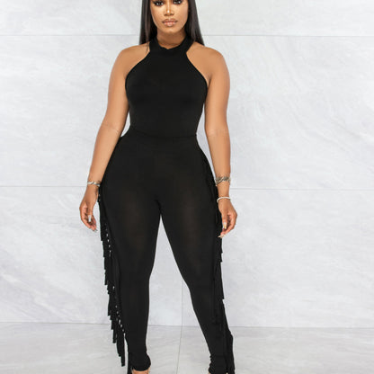 Women Tight Vest And Tassel Pants Two Pieces Casual Suit