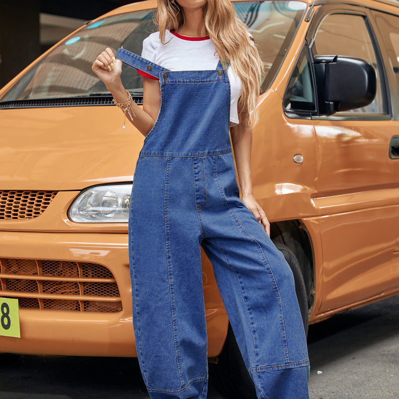 Women Fashion Casual Solid Color Street Style Loose Denim Jumpsuits