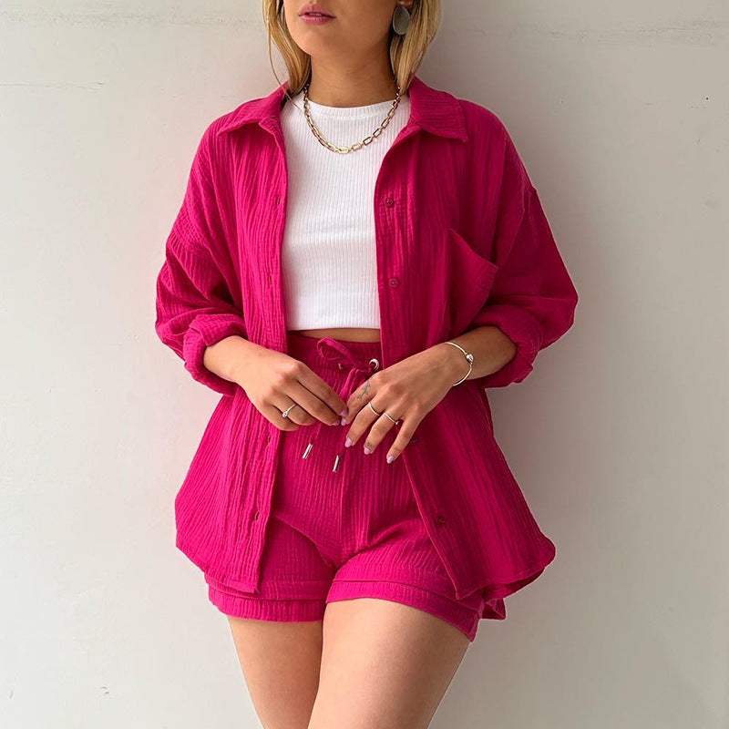 Conjunto informal de dos piezas para mujer, con solapa plisada, manga larga y pantalones cortos de cintura alta, color liso