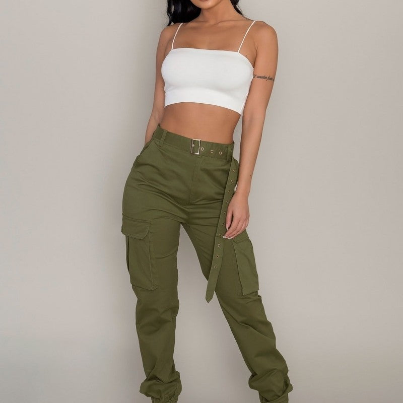 Women Fashion Casual Solid Color Cargo Pants