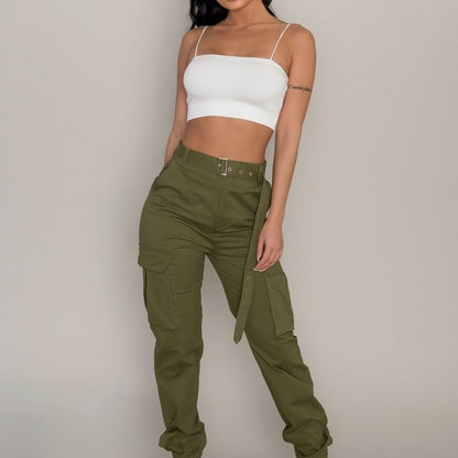 Women Fashion Casual Solid Color Cargo Pants