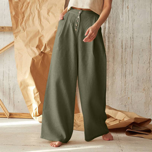 Pantalones casuales de lino y algodón de color liso para mujer, con botones, cintura alta y pierna ancha