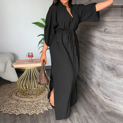 Women Solid Color Long Sleeve Stand Collar Waist Slit Loose Casual Long Dress