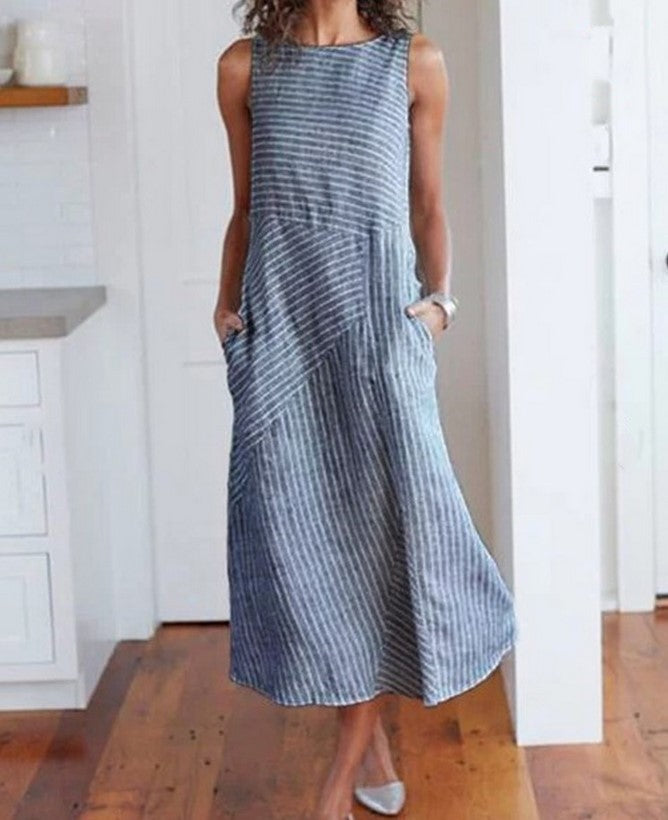 Women'S Plus Size Fashion Casual Stripe Sleeveless Plus Size Midi Dress