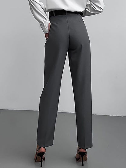 Women Fashion Casual Solid Color High Waist Straight Pants