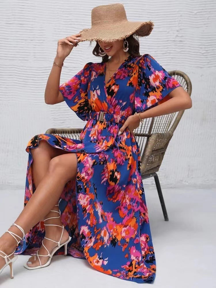 Vestido largo de verano para mujer, informal, para vacaciones, playa, manga corta, cuello en V, estampado floral