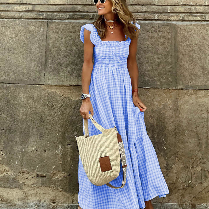 Vestido largo informal con cuello cuadrado y estampado a cuadros para mujer, sin mangas