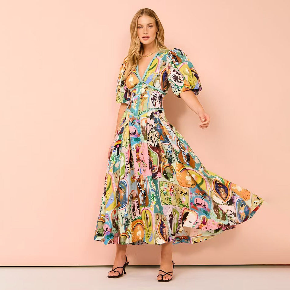 Vestido informal de vacaciones con cuello en V y mangas abullonadas para mujer
