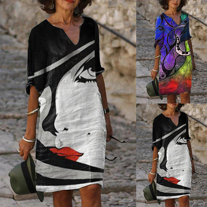 Vestido informal de manga corta con cuello en V y estampado de flores multicolor para mujer