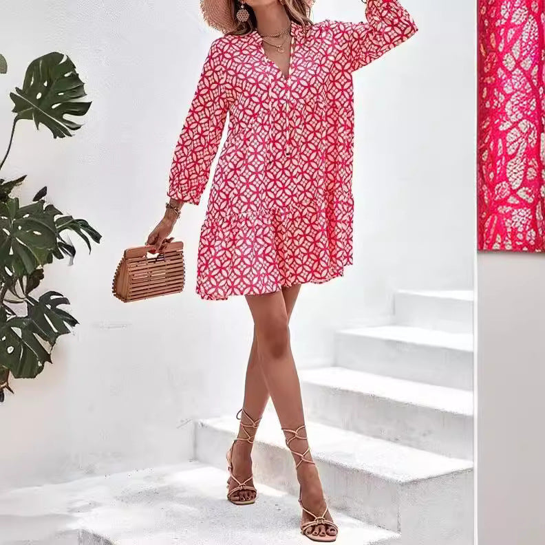 Women Fashion Casual Printed Long Sleeve Loose Dress