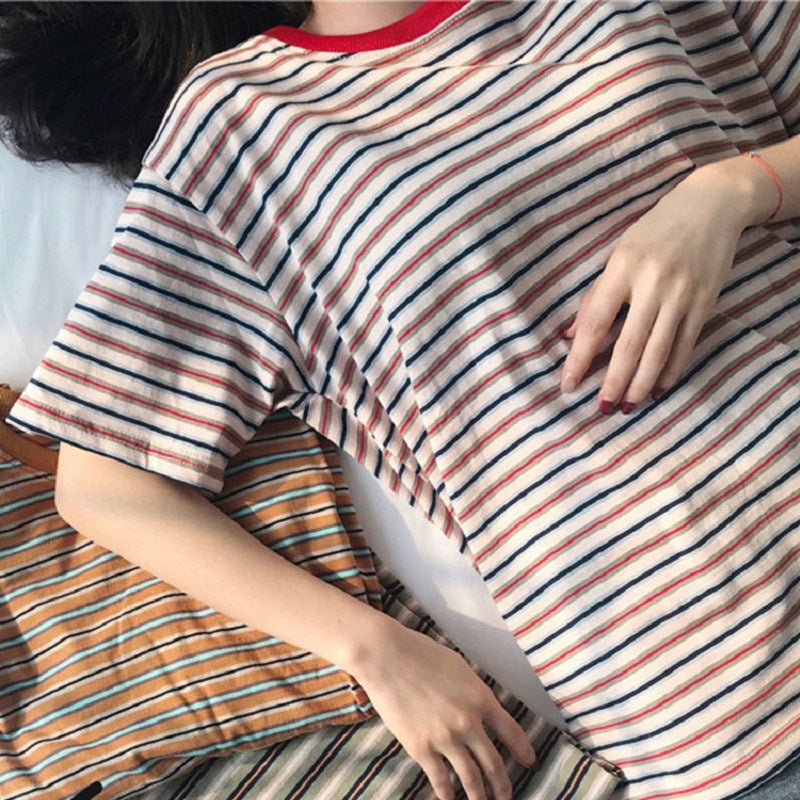 Camiseta básica informal de verano a rayas de manga corta para mujer