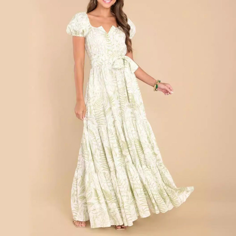 Women Casual Fashion Printed Puff Sleeve Maxi Dress