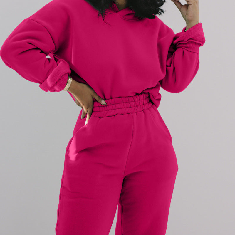Conjunto deportivo informal de sudadera con capucha y pantalones de chándal de manga larga de color liso para mujer