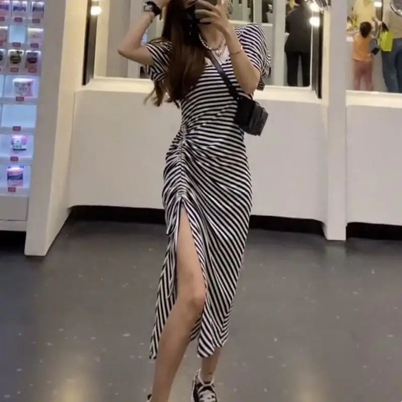 Women Fashion Casual Stripe Printing V-Neck Short Sleeve Drawstring Slit Dress