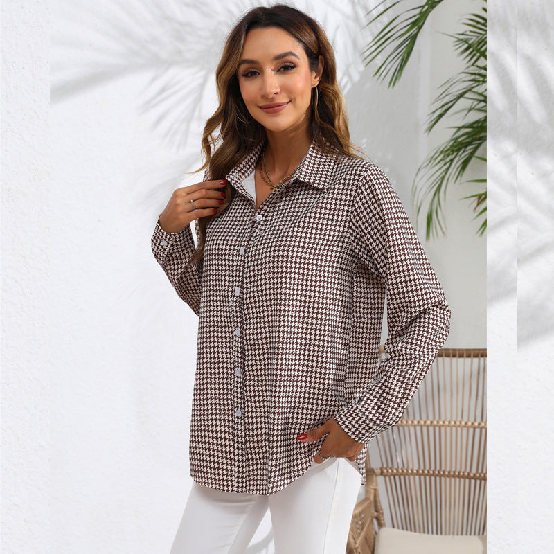 Blusas casuales de manga larga con estampado de cuadros a la moda para mujer