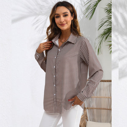 Blusas casuales de manga larga con estampado de cuadros a la moda para mujer