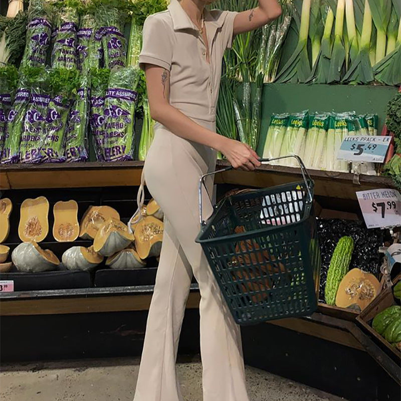 Women Fashion Casual Backless Lapel Button Short Sleeve Jumpsuits