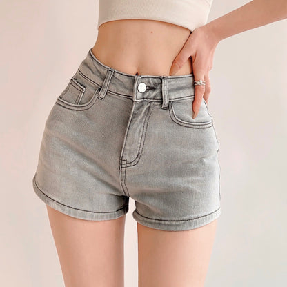 Pantalones cortos vaqueros rectos de cintura alta de color liso informales a la moda para mujer
