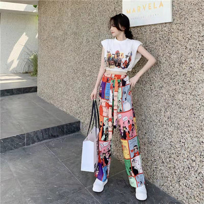 Conjunto de camiseta corta sin mangas con estampado informal para mujer y pantalones anchos