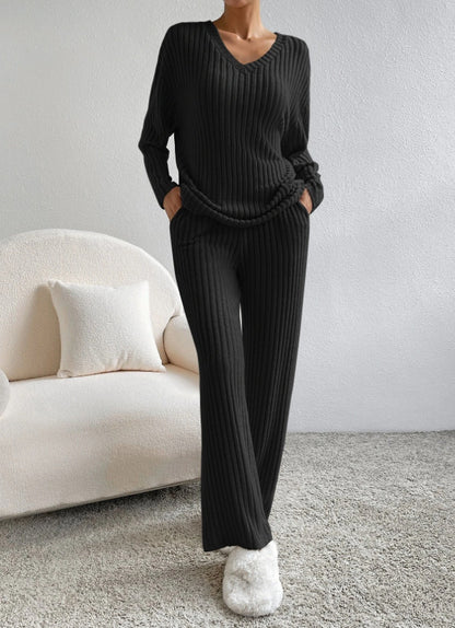 Conjunto de dos piezas de top y pantalones rectos de manga larga de punto con cuello en V informal para mujer