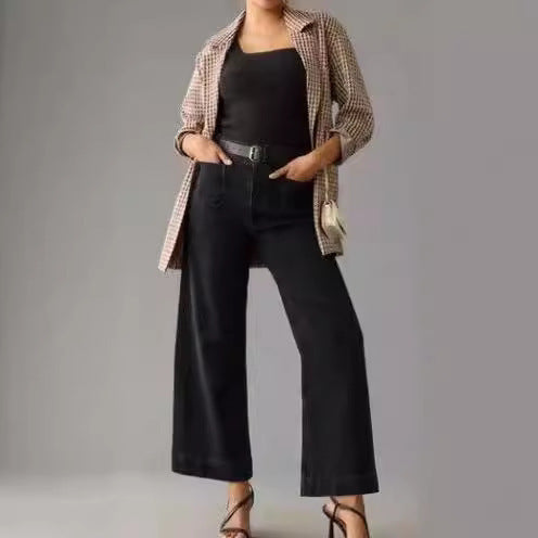 Vaqueros de pierna ancha y cintura alta informales a la moda para mujer