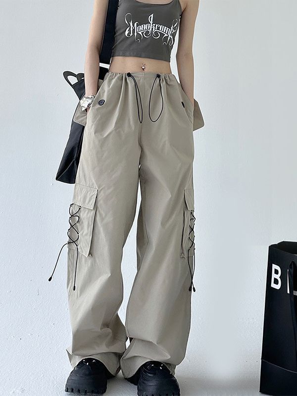 Street Fashion Women Khaki Casual Loosewide Leg Pocket Cargo Pants