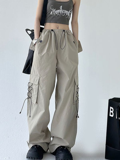 Street Fashion Women Khaki Casual Loosewide Leg Pocket Cargo Pants