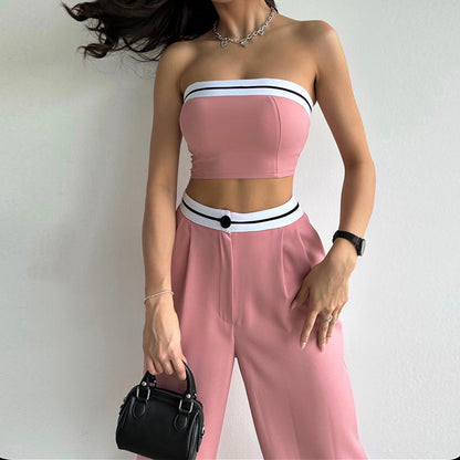 Conjunto informal de pantalones anchos y cintura alta con contraste de color y parte superior de tubo urbana vanguardista para mujer