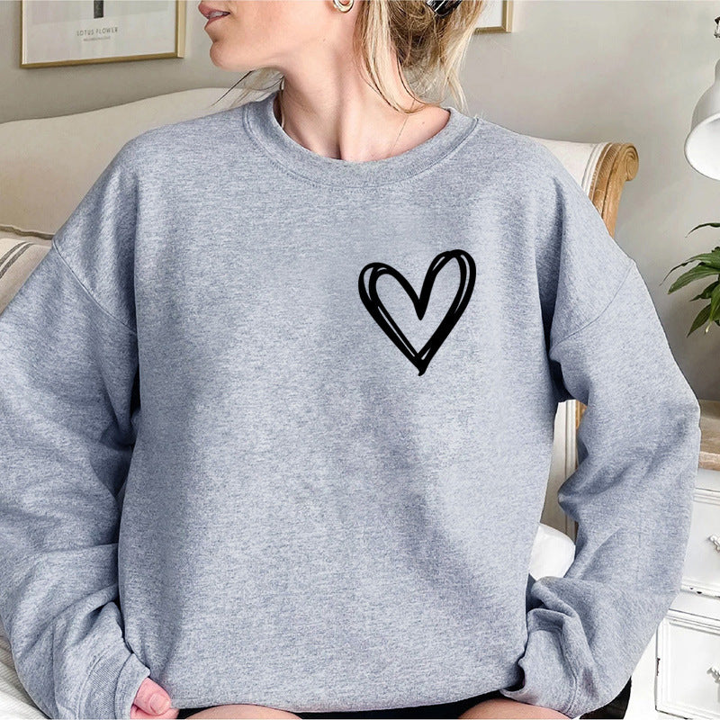 Sudadera informal de otoño e invierno para mujer con forro polar y cuello redondo con estampado de corazón