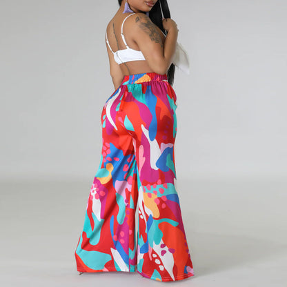 Women Fashion Casual Plus Size Graphic Printed Staggy Waist Lace-Up Wide-Leg Pants