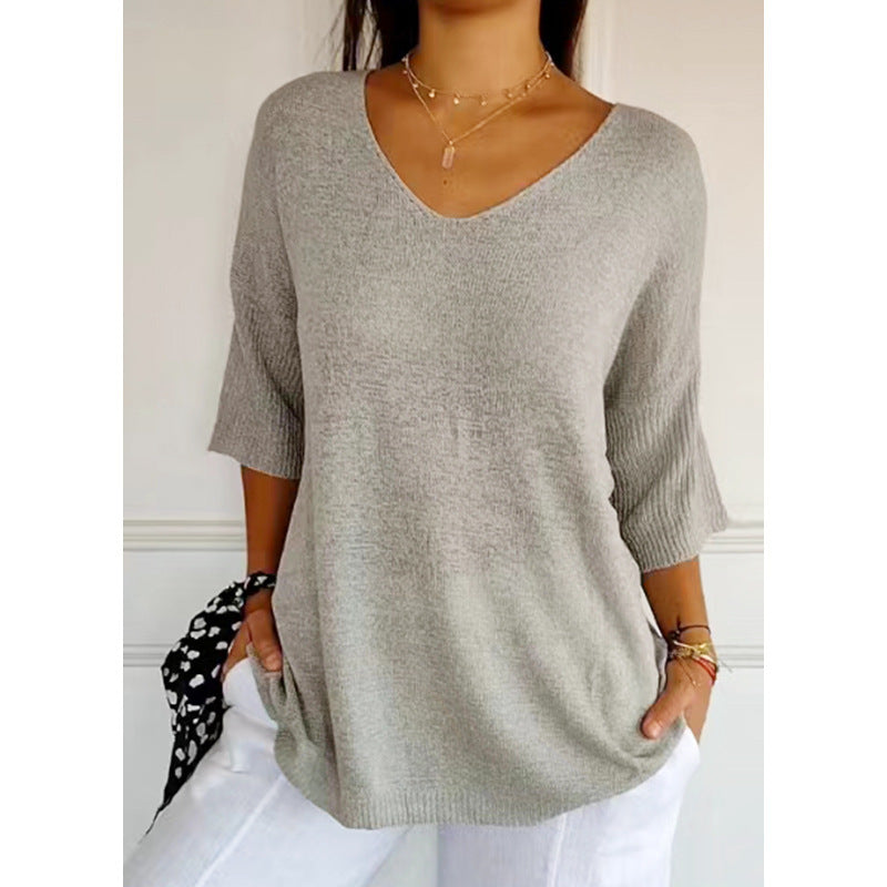 Women Fashion Casual V-Neck Solid Color Knit Sweater