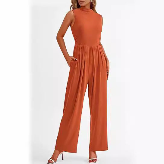 Summer Women Casual Solid Color Sleeveless Pocket Jumpsuit