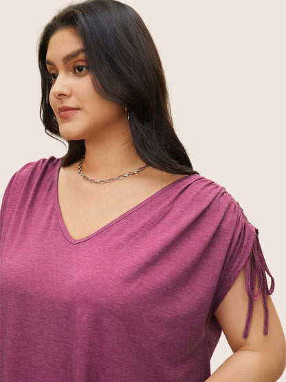 Summer Women Fashion Casual Plus Size V-Neck Drawstring Short-Sleeved T-Shirt Top