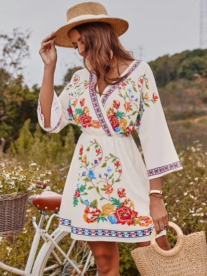 Vestido cruzado con mangas acampanadas y estampado floral bohemio vintage informal a la moda para mujer