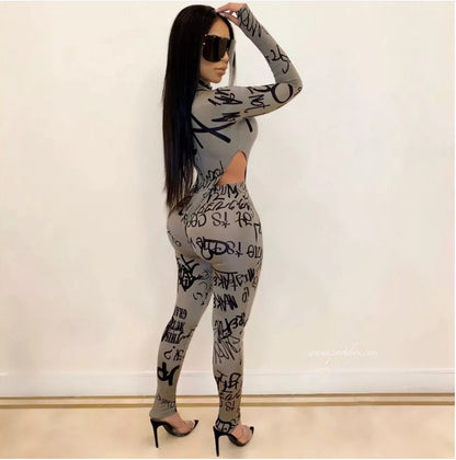 Conjunto de dos piezas informal ajustado de manga larga con estampado de letras para mujer y pantalones