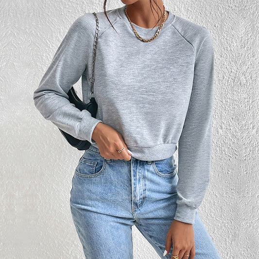 Women Fashion Casual Solid Color Round Neck Long Sleeve Sweatshirt