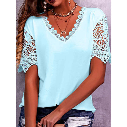 Blusa informal de manga corta con cuello en V, holgada, con encaje y patchwork de color liso para mujer